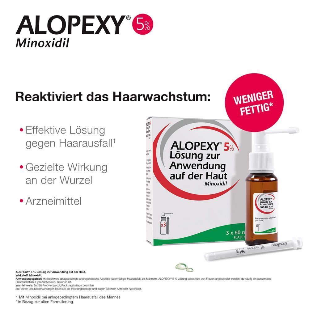 ALOPEXY 5% Lösung, Flasche, Packung und Applikator. Text: 'Reaktiviert das Haarwachstum'.