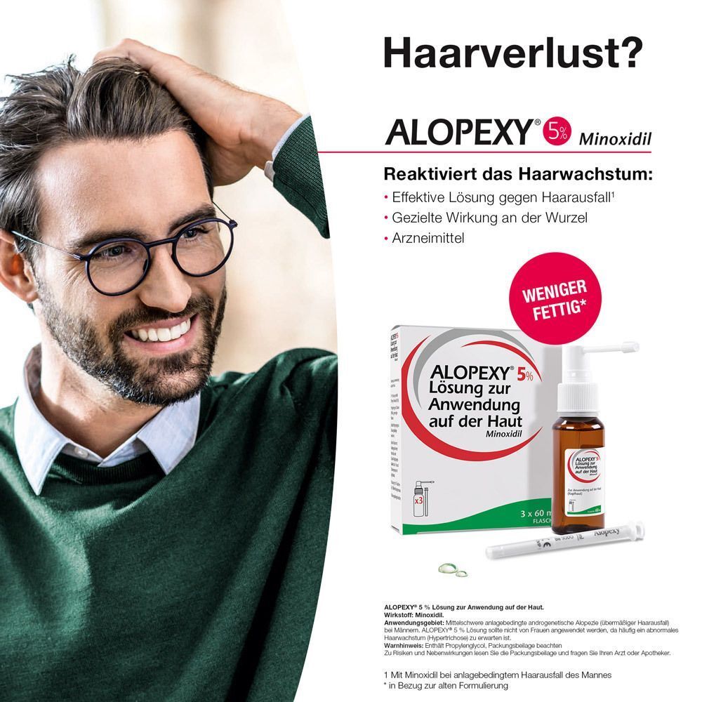 Mann mit Brille berührt Haare. ALOPEXY 5% Lösung, Packung, Flasche und Applikator. Text: 'Haarverlust?'