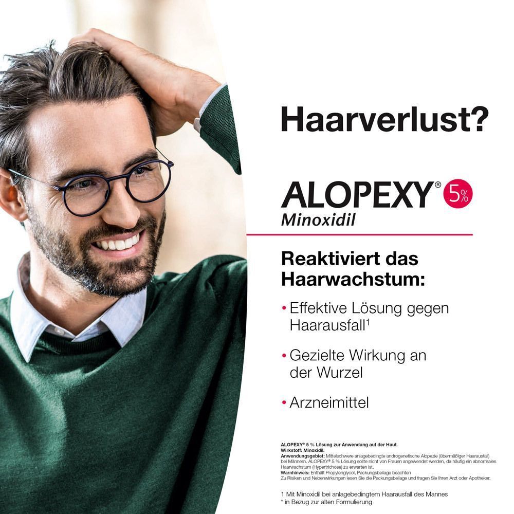 Mann mit Brille berührt Haare. ALOPEXY 5% Lösung, Packung, Flasche und Applikator. Text: 'Haarverlust?'