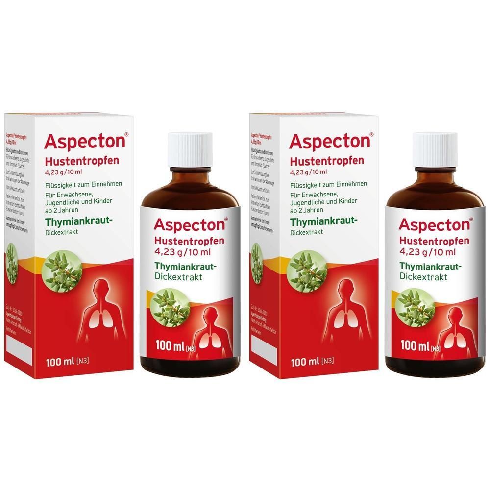 Mehrere Flaschen und Verpackungen von Aspecton® Hustentropfen. Braune Flaschen, rote Verpackung mit Produktinformationen und Illustrationen.