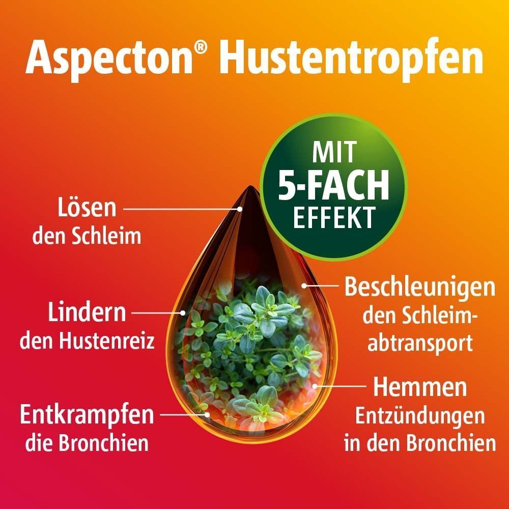 Tropfenförmige Darstellung mit Inhaltsstoffen und Wirkungsweise von Aspecton® Hustentropfen. Text: 5-FACH EFFEKT.