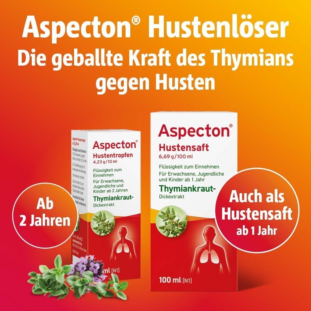 Aspecton® Hustenlöser Produkte. Hustentropfen und Hustensaft. Rote Verpackungen mit Produktinformationen und Illustrationen.