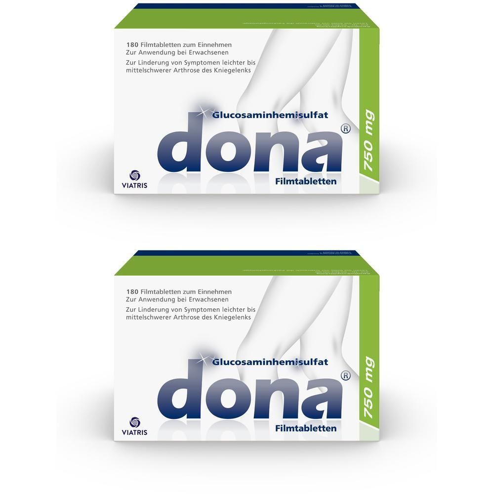 Zwei Schachteln dona® 750 mg Filmtabletten. Weiße Schachtel mit grünen Akzenten. Aufschrift: dona®, 750 mg, Glucosaminhemisulfat.