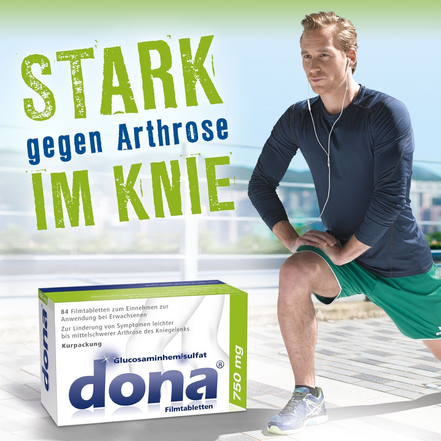 Mann dehnt sich, im Hintergrund eine dona® 750 mg Packung. Text: Stark gegen Arthrose im Knie. Packung mit Aufschrift: dona®, 750 mg.