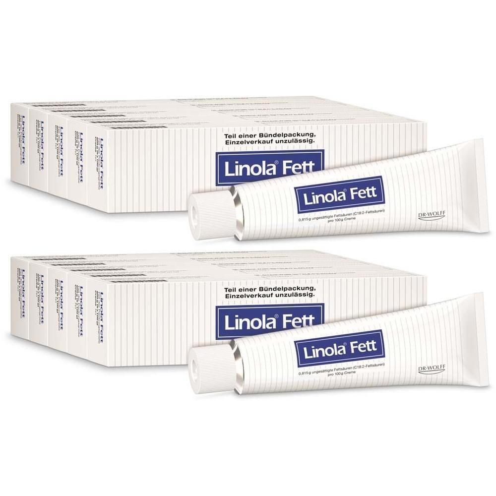 Zwei Kartons mit Tuben Linola Fett Creme. Einzelverpackung. Auf jeder Tube steht Linola Fett.