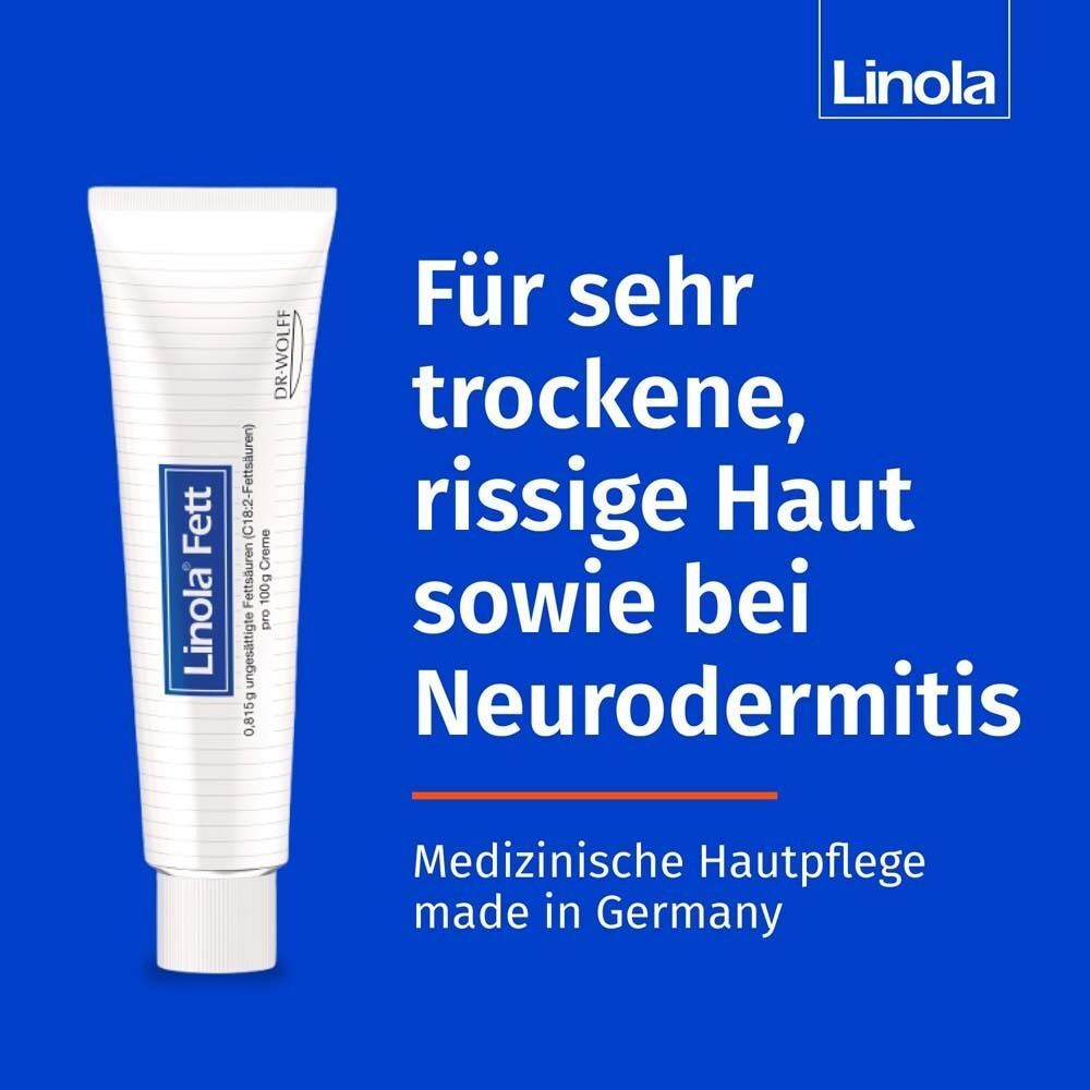 Tube Linola Fett Creme. Text: Für trockene, rissige Haut sowie bei Neurodermitis. Medizinische Hautpflege.
