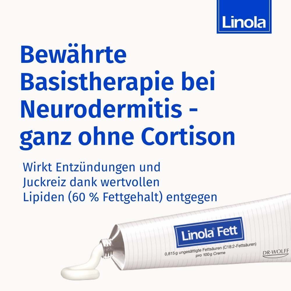 Tube Linola Fett Creme. Text: Bewährte Basistherapie bei Neurodermitis - ganz ohne Cortison. Wirkt Entzündungen entgegen.