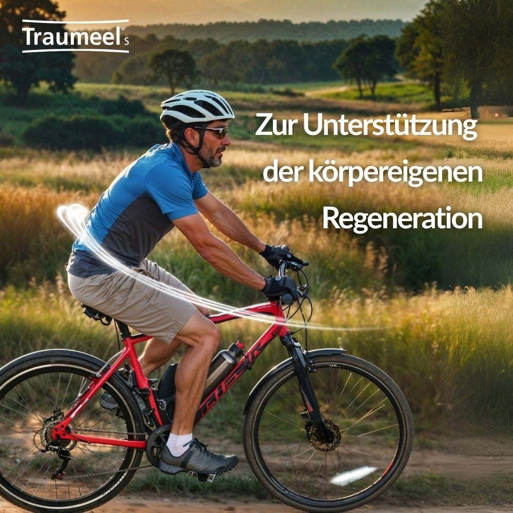Mann auf dem Fahrrad. Text: "Zur Unterstützung der körpereigenen Regeneration". Logo "Traumeel".