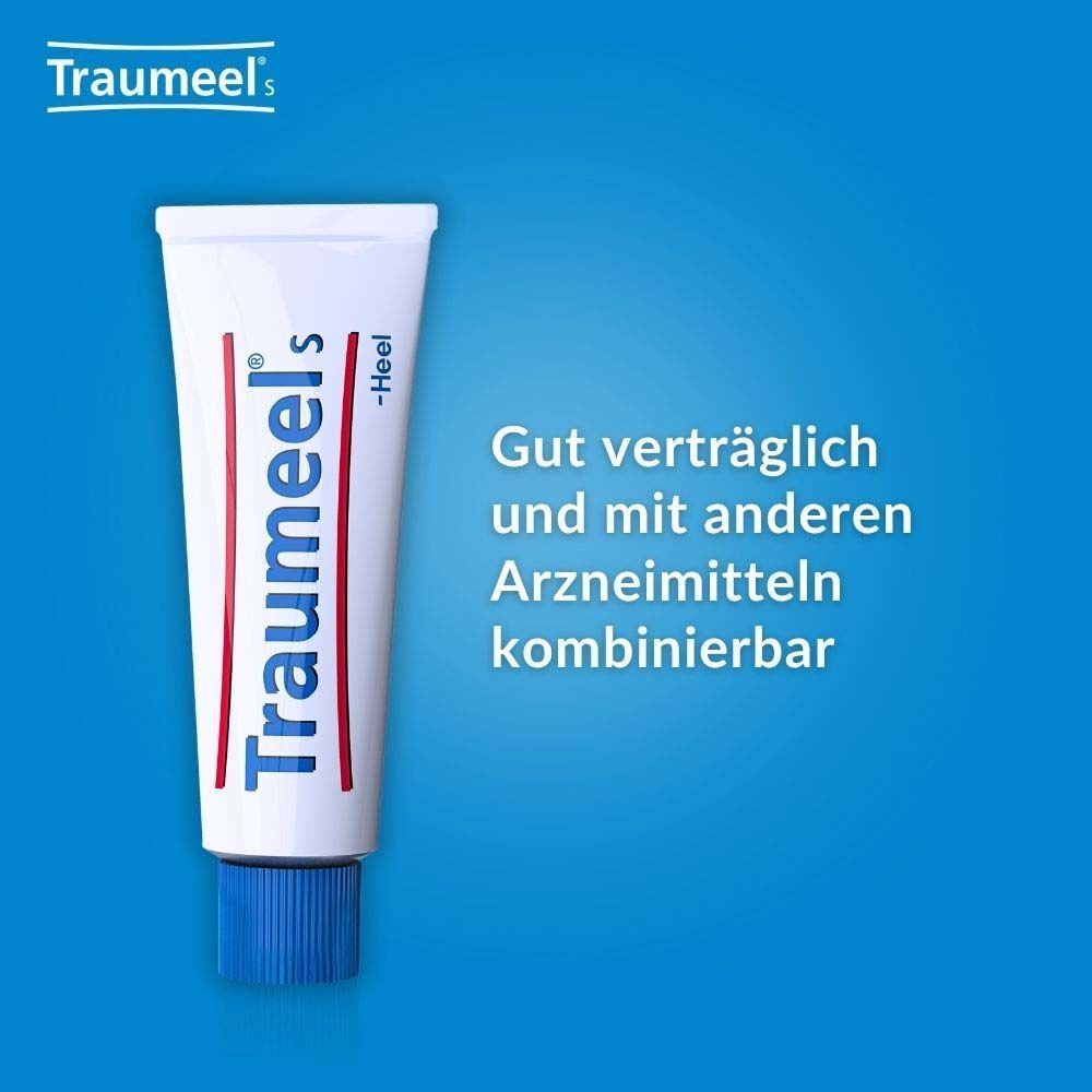 Tube "Traumeel S" mit blauem Verschluss. Text: "Gut verträglich und mit anderen Arzneimitteln kombinierbar".