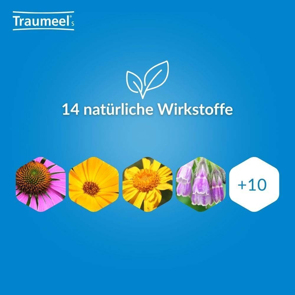 Blauer Hintergrund mit Blüten und Blättern. Text: "14 natürliche Wirkstoffe".