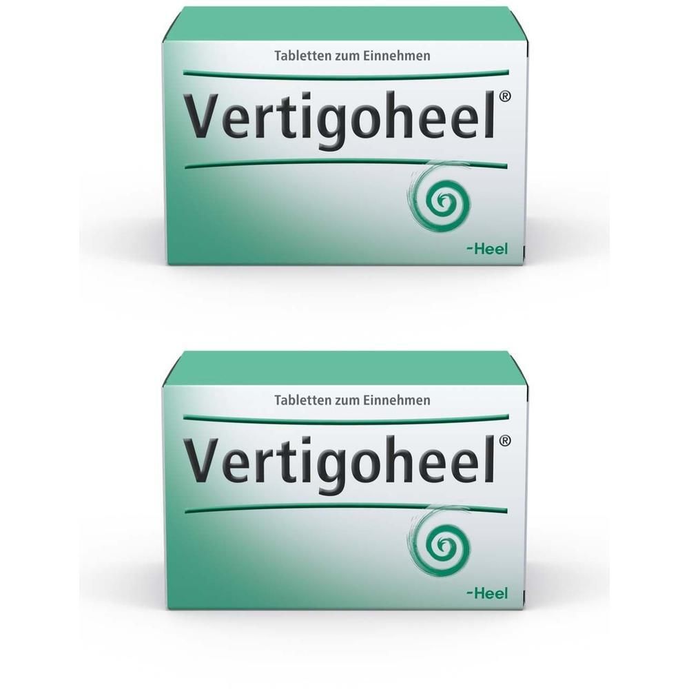 Zwei Schachteln Vertigoheel® Tabletten. Grün-weiße Verpackung mit Produktnamen und Logo. Tabletten zum Einnehmen.