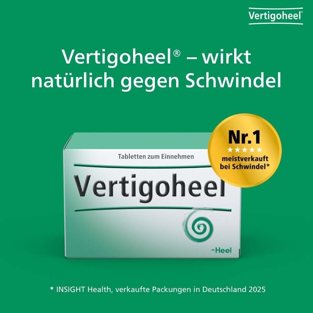 Vertigoheel® Tabletten-Packung auf grünem Hintergrund. Goldener Kreis: Nr. 1 meistverkauft bei Schwindel. Text.