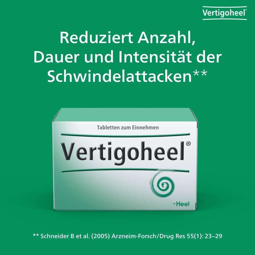 Vertigoheel® Tabletten-Packung auf grünem Hintergrund. Text: Reduziert Anzahl, Dauer und Intensität der Schwindelattacken.