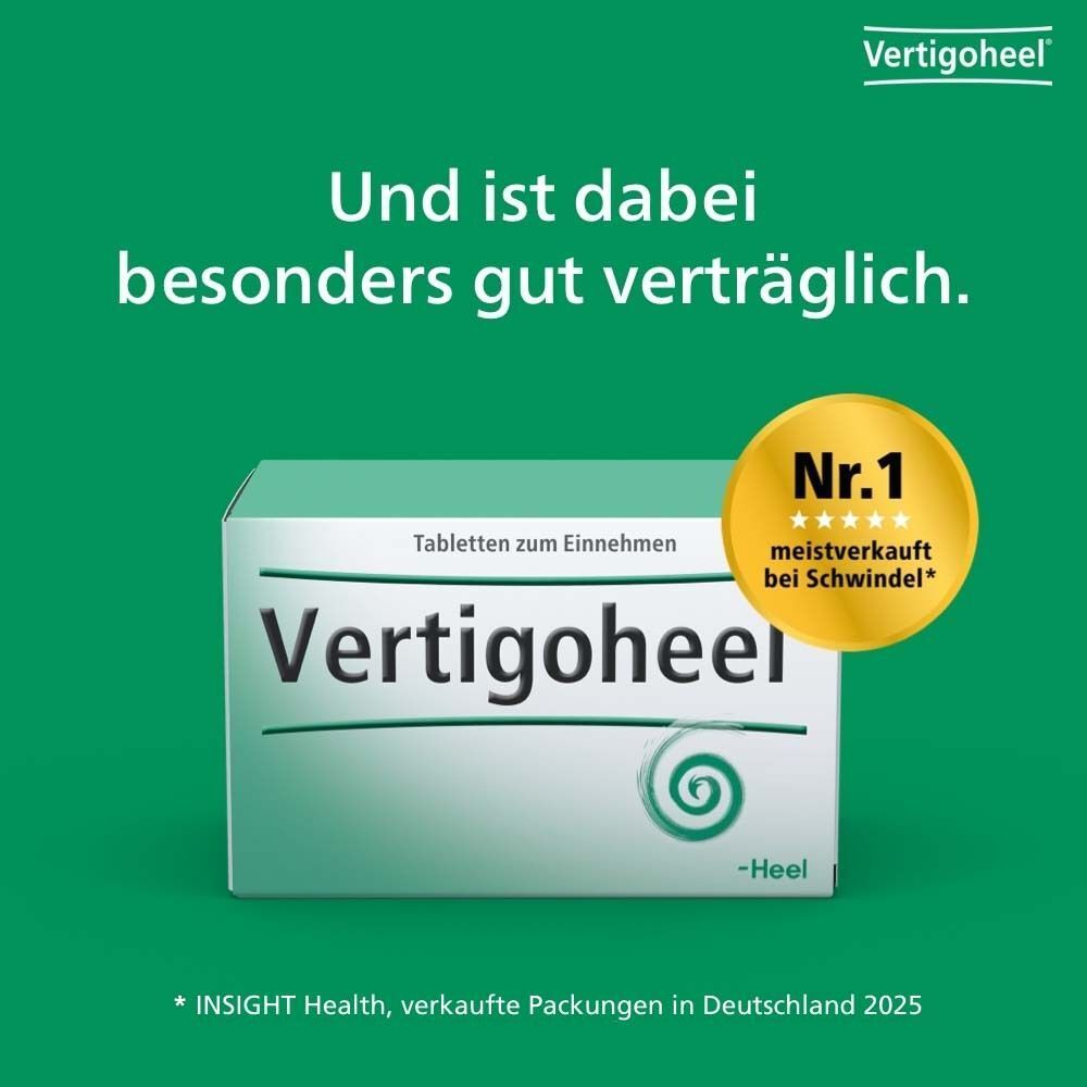 Vertigoheel® Tabletten-Packung auf grünem Hintergrund. Goldener Kreis: Nr. 1 meistverkauft bei Schwindel. Text.