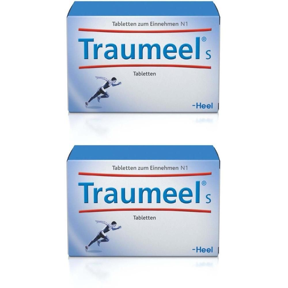 Zwei Schachteln mit der Aufschrift Traumeel S Tabletten. Blaue und weiße Verpackung mit roter Schrift. Heel-Logo.