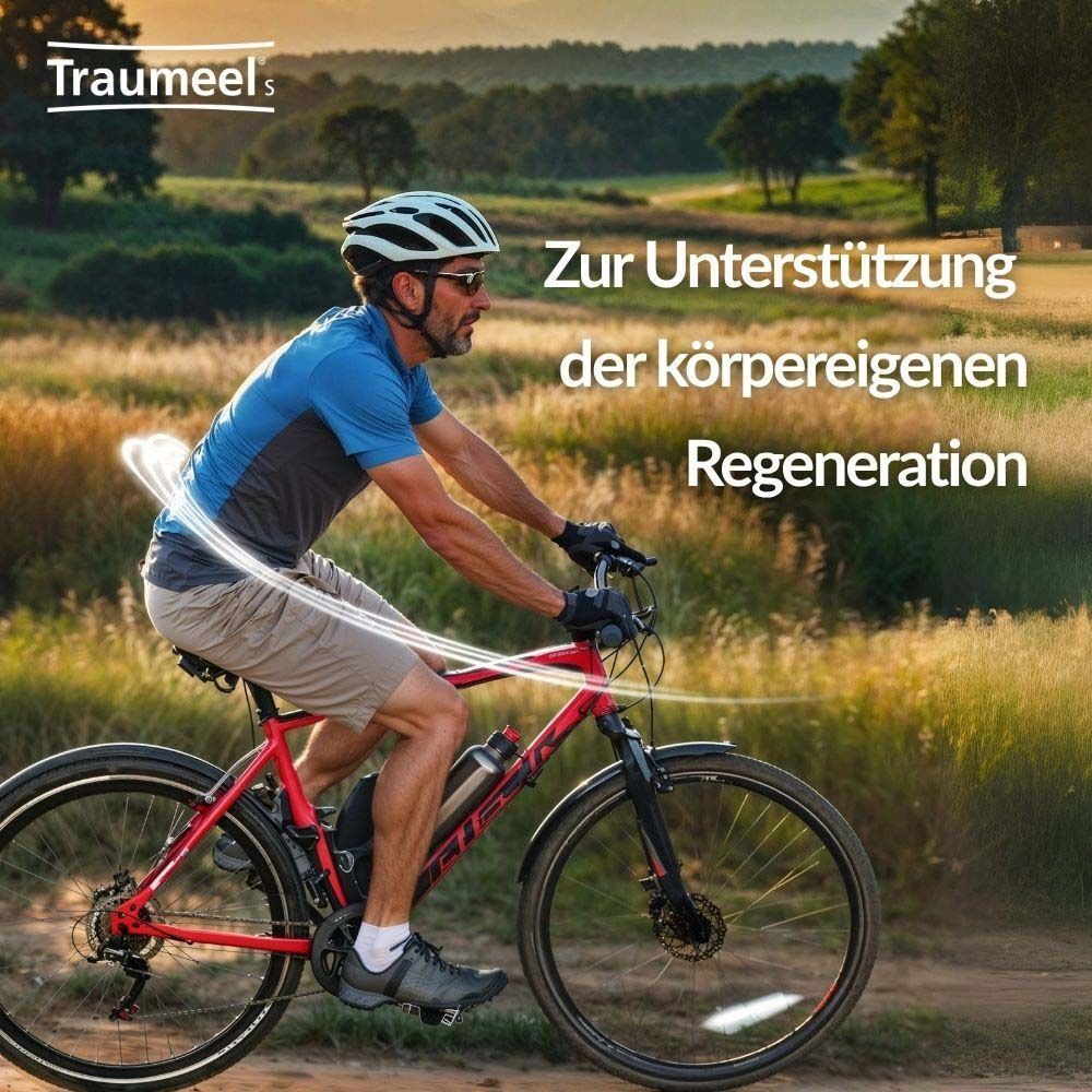 Ein Mann fährt Fahrrad. Text: Zur Unterstützung der körpereigenen Regeneration. Traumeel-Logo.