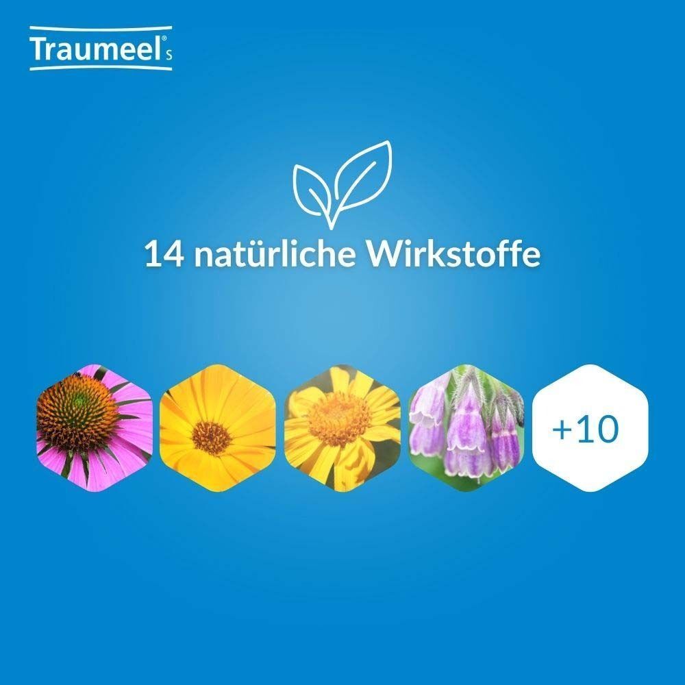 Fünf Blüten und ein +10-Symbol. Text: 14 natürliche Wirkstoffe. Traumeel-Logo.