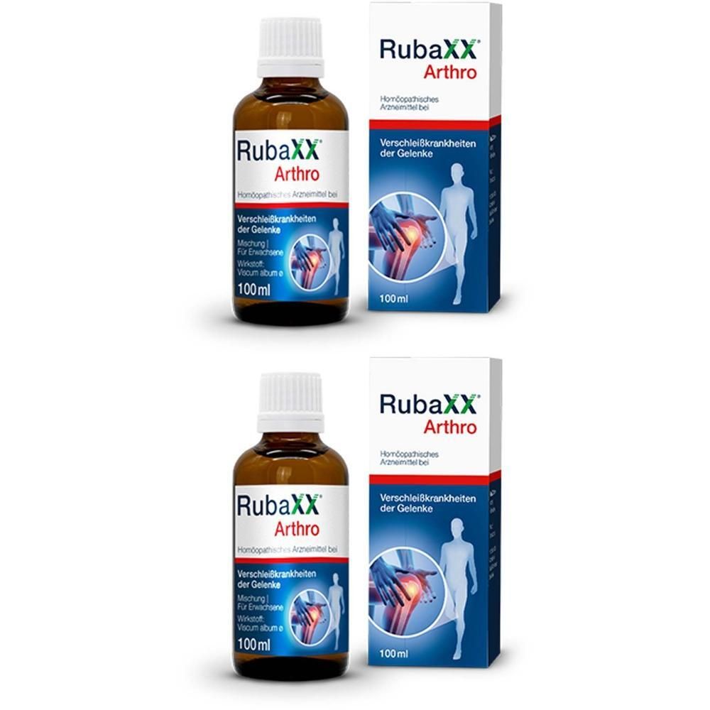 Zwei Flaschen und zwei Schachteln. Auf den Flaschen steht "RubaXX Arthro". Auf den Schachteln steht "RubaXX Arthro" und ein Bild eines Knies.