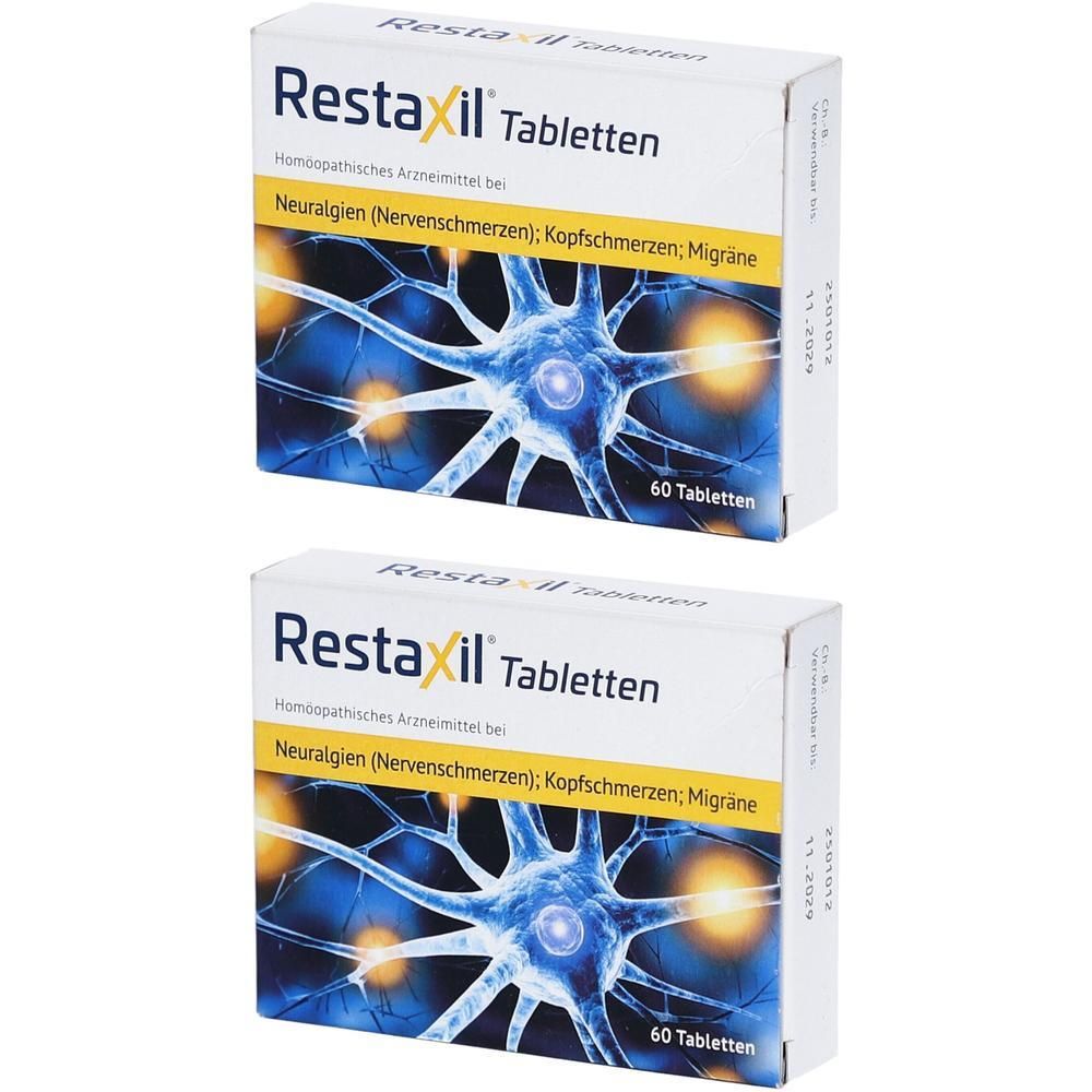 Zwei Schachteln Restaxil Tabletten. Aufschrift: Neuralgien, Kopfschmerzen, Migräne. Jede Schachtel enthält 60 Tabletten.