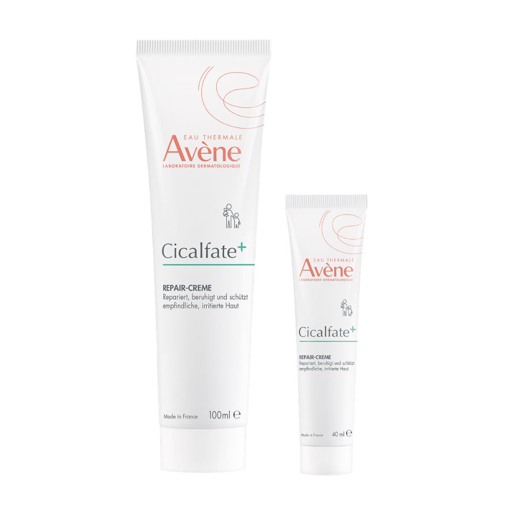 Zwei weiße Tuben. Auf der größeren steht "Avène Cicalfate+". Die kleinere Tube hat die gleiche Aufschrift.