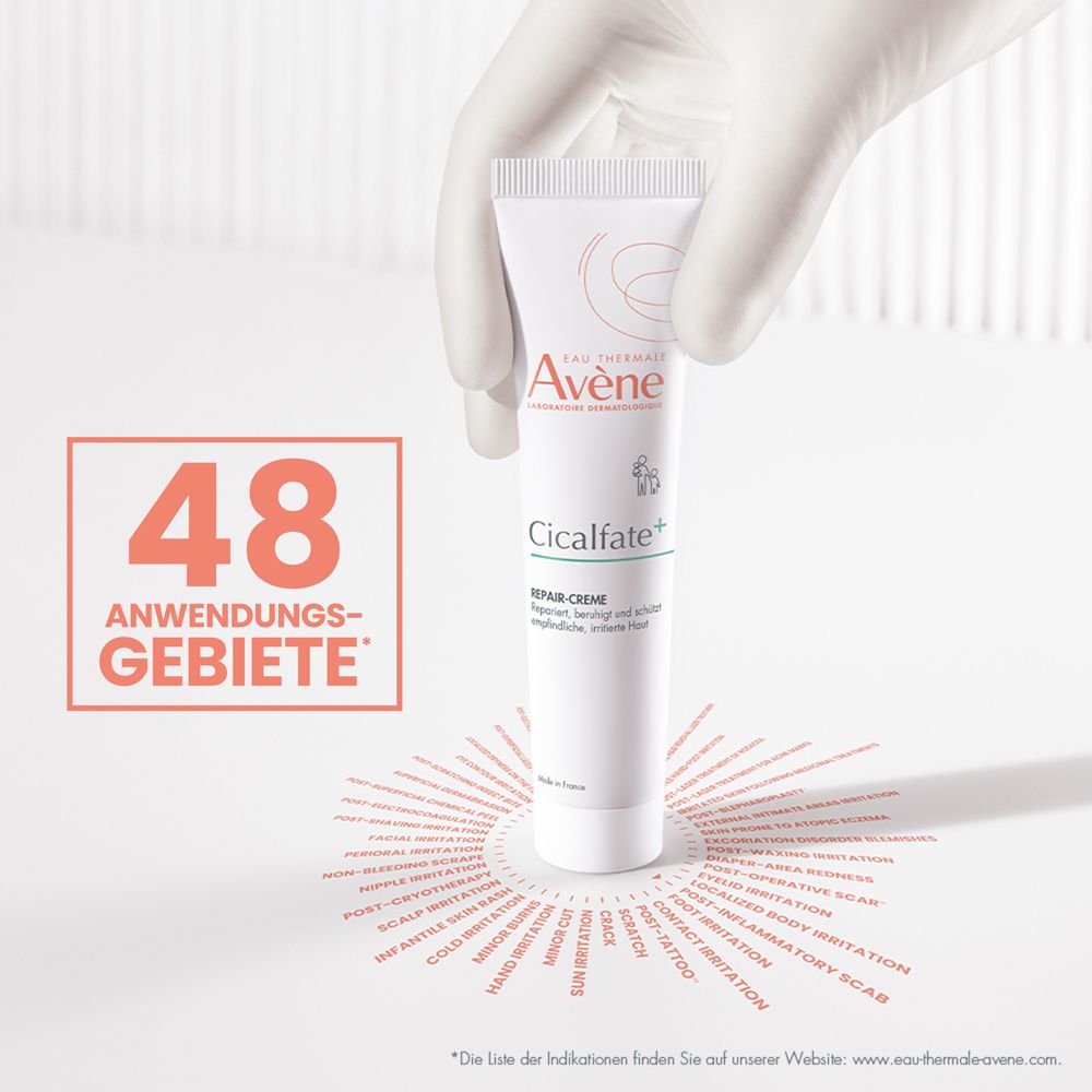 Eine Hand mit Handschuh hält eine Tube. Auf einem roten Feld steht "48 Anwendungsgebiete".