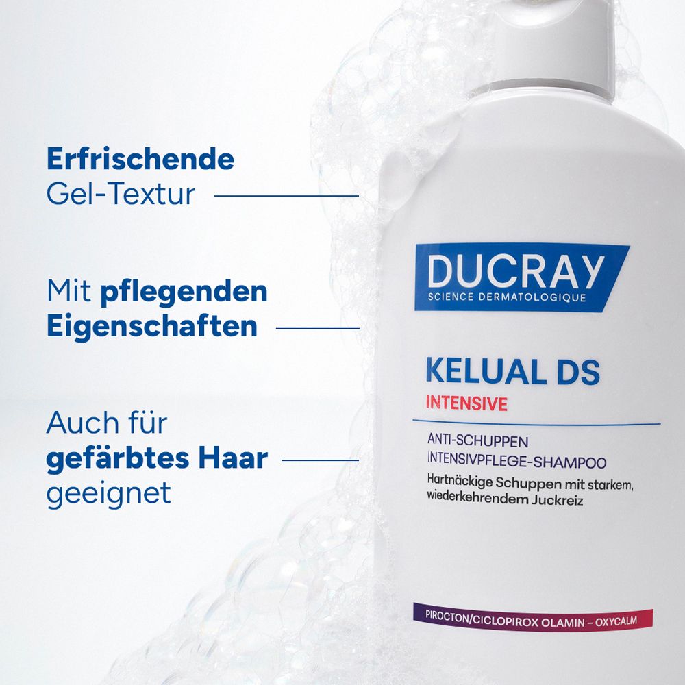 DUCRAY KELUAL DS INTENSIVE Shampoo mit Text: Erfrischende Gel-Textur, Mit pflegenden Eigenschaften, Auch für gefärbtes Haar geeignet.