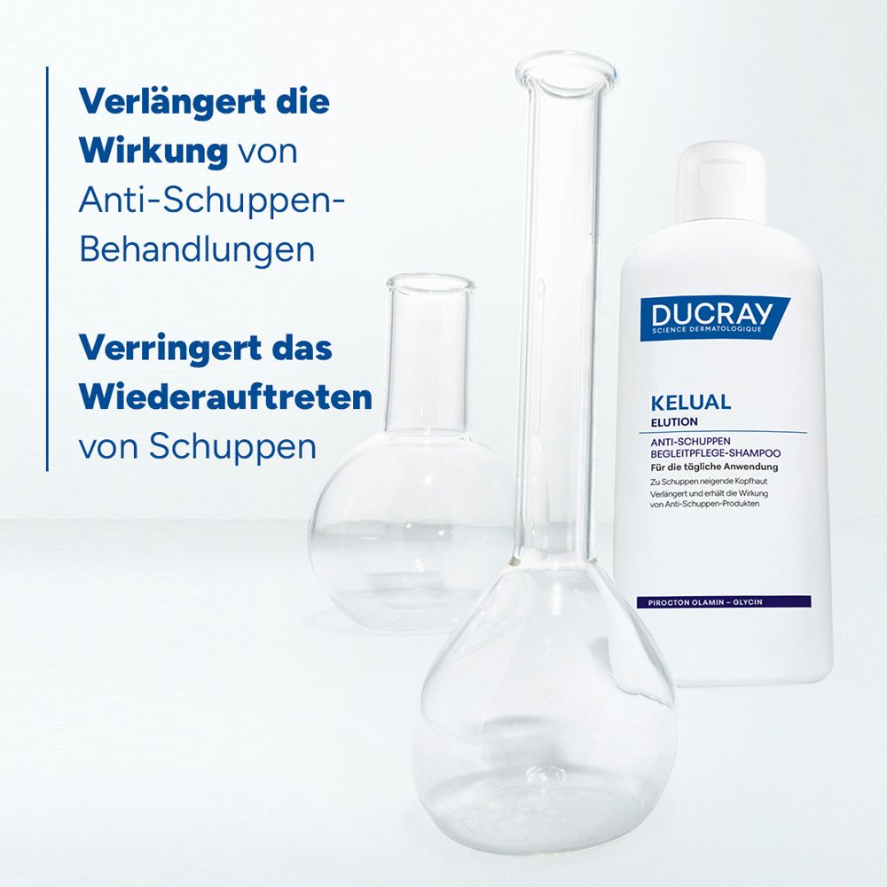 DUCRAY KELUAL ELUTION Shampoo neben Laborutensilien. Text: Verlängert die Wirkung von Anti-Schuppen-Behandlungen, Verringert das Wiederauftreten von Schuppen.