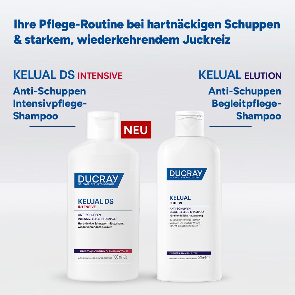Zwei weiße Flaschen DUCRAY KELUAL Shampoo. Text: Ihre Pflege-Routine bei hartnäckigen Schuppen & starkem, wiederkehrendem Juckreiz.
