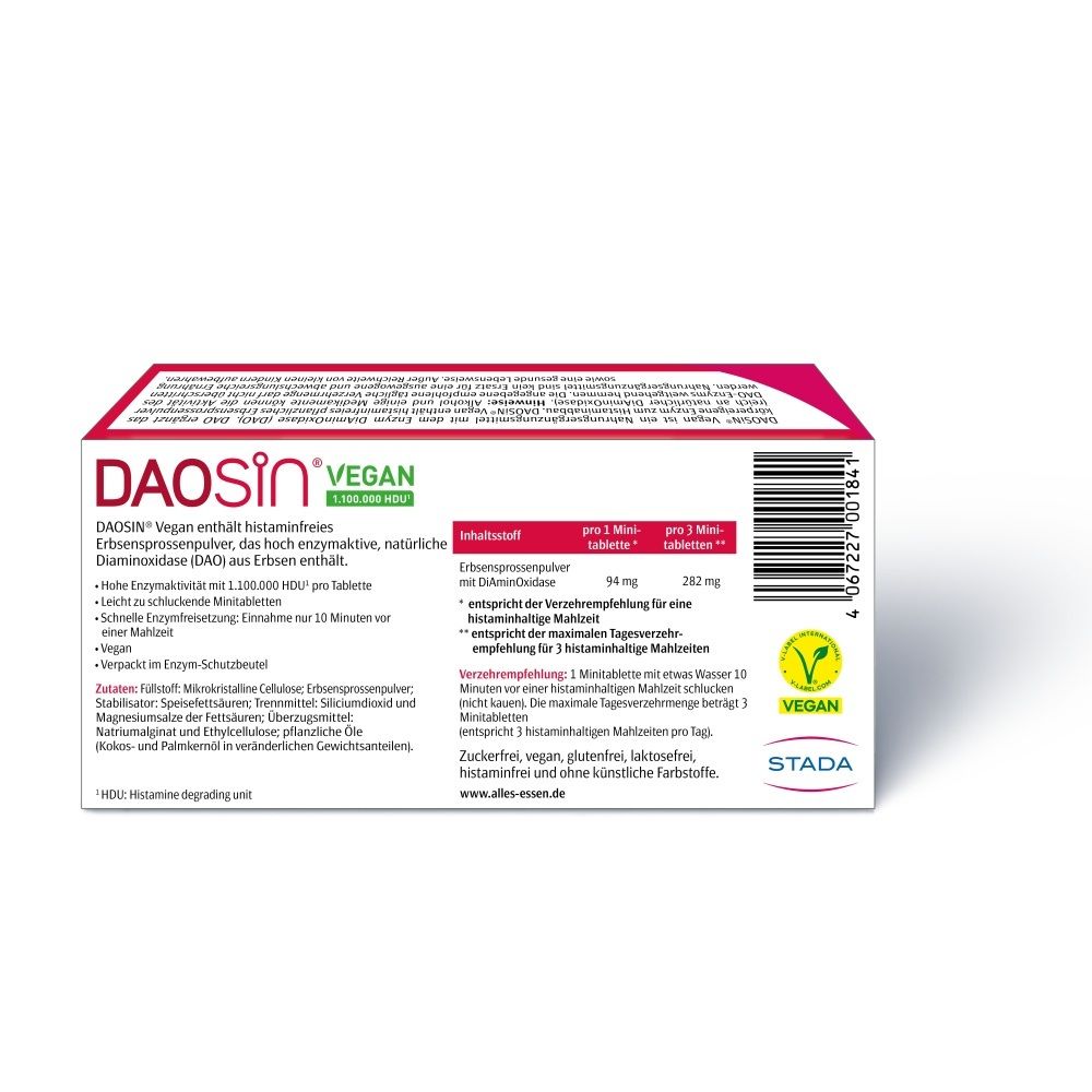 Rückseite der DAOSIN® Vegan-Schachtel. Enthält Informationen über Inhaltsstoffe, Anwendung und Zertifizierung. Vegan-Siegel.
