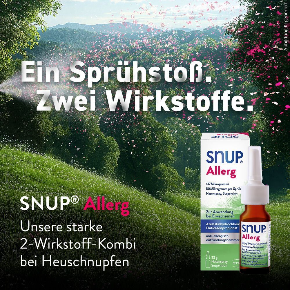 Landschaft mit Produktabbildung. SNUP® Allerg Nasenspray und Verpackung. Text: Ein Sprühstoß. Zwei Wirkstoffe. 2-Wirkstoff-Kombi bei Heuschnupfen.