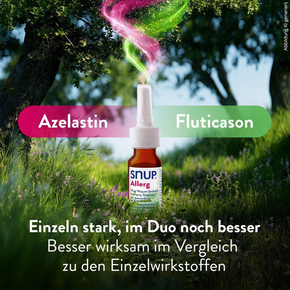 Produktabbildung mit grünen und rosa Farbbändern. SNUP® Allerg Nasenspray. Text: Azelastin, Fluticason. Einzeln stark, im Duo noch besser.