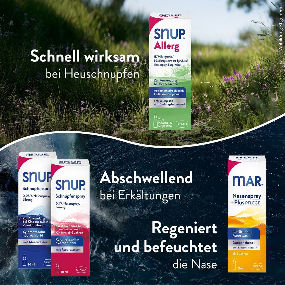 Landschaft mit Produktabbildungen. SNUP® Allerg Nasenspray. Text: Schnell wirksam bei Heuschnupfen. Abschwellend bei Erkältungen. Regeneriert und befeuchtet die Nase.