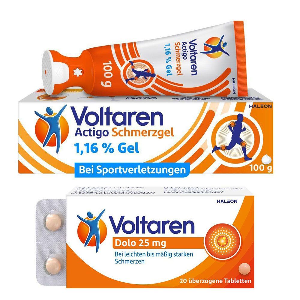 Drei Medikamentenverpackungen: Voltaren Actigo Schmerzgel, Voltaren Dolo 25 mg Tabletten und eine Tube Voltaren Actigo Schmerzgel.
