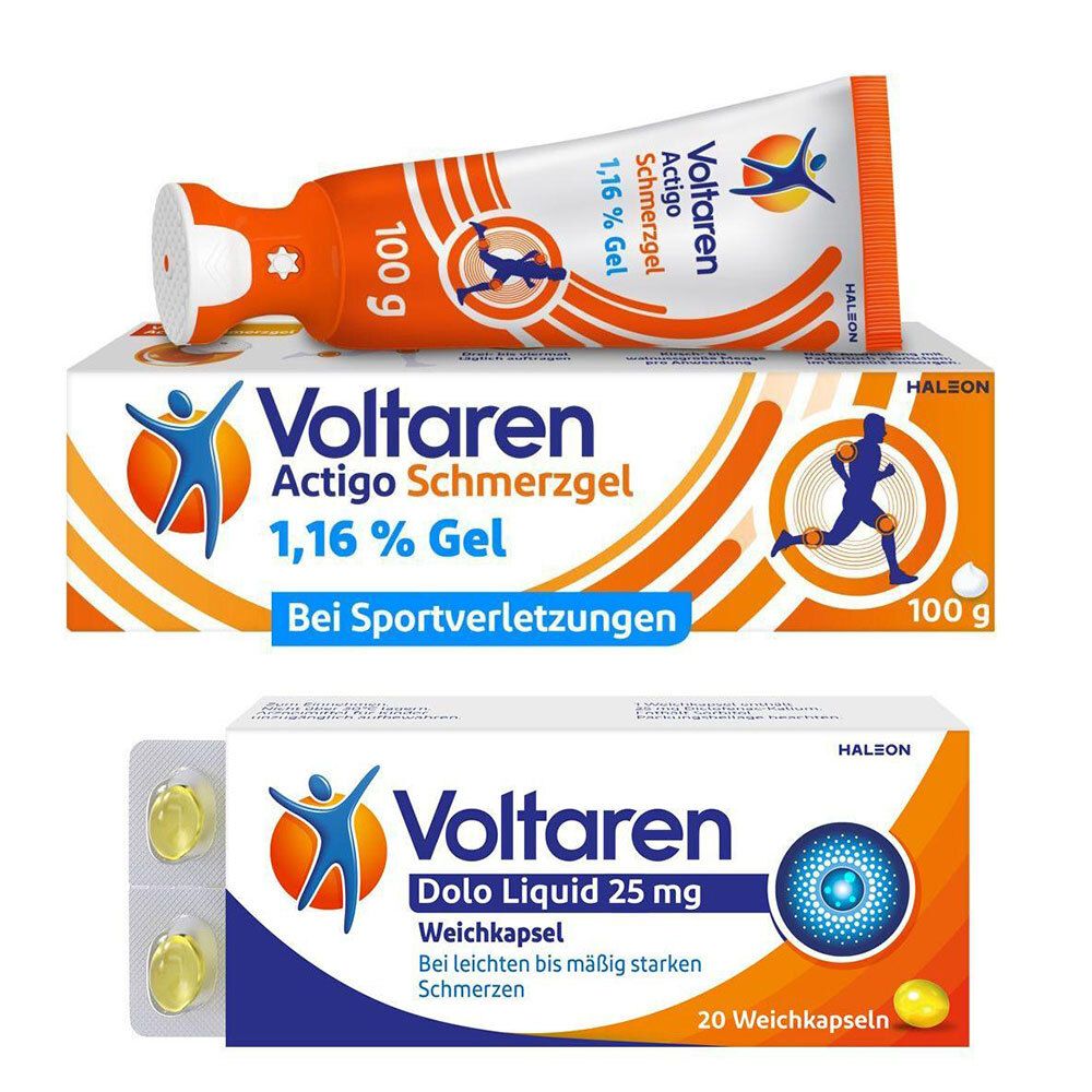 Packung und Tube Voltaren Actigo Schmerzgel, 1,16% Gel. Packung mit Voltaren Dolo Liquid 25 mg Weichkapseln.