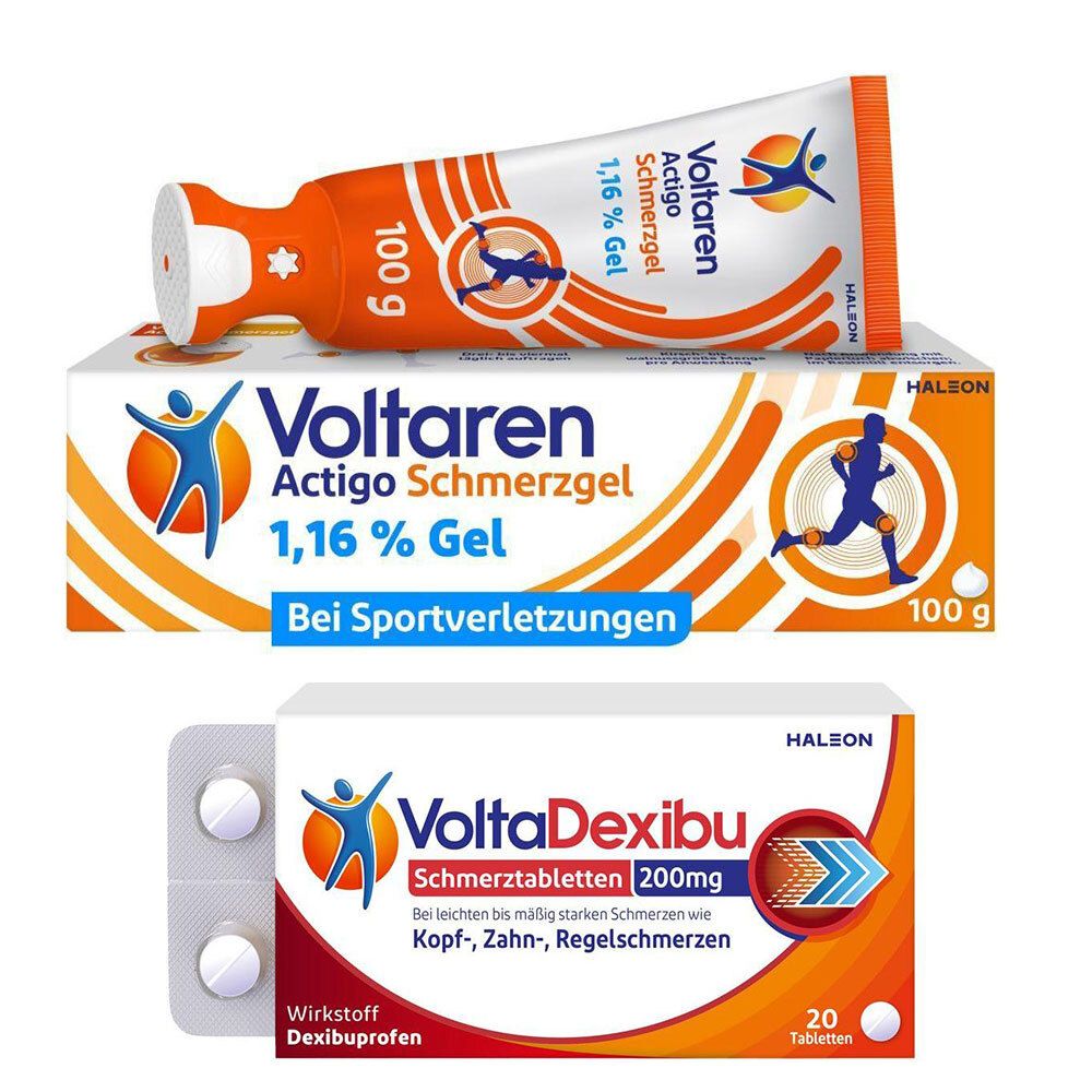Packung und Tube mit Schmerzmitteln. Enthält Voltaren Actigo Schmerzgel und VoltaDexibu Schmerztabletten.