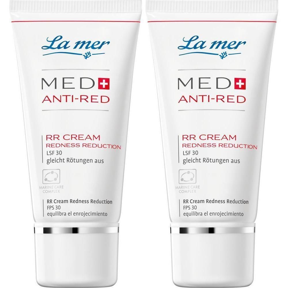 Zwei Tuben La mer MED Anti-Red Creme. Weiße Tuben mit blauer Schrift und rotem Akzent. LSF 30.