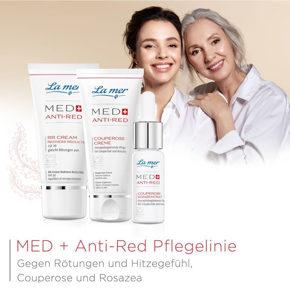 La mer MED Anti-Red Pflegelinie. Produkte: Creme, Serum. Text: Gegen Rötungen, Couperose und Rosazea.