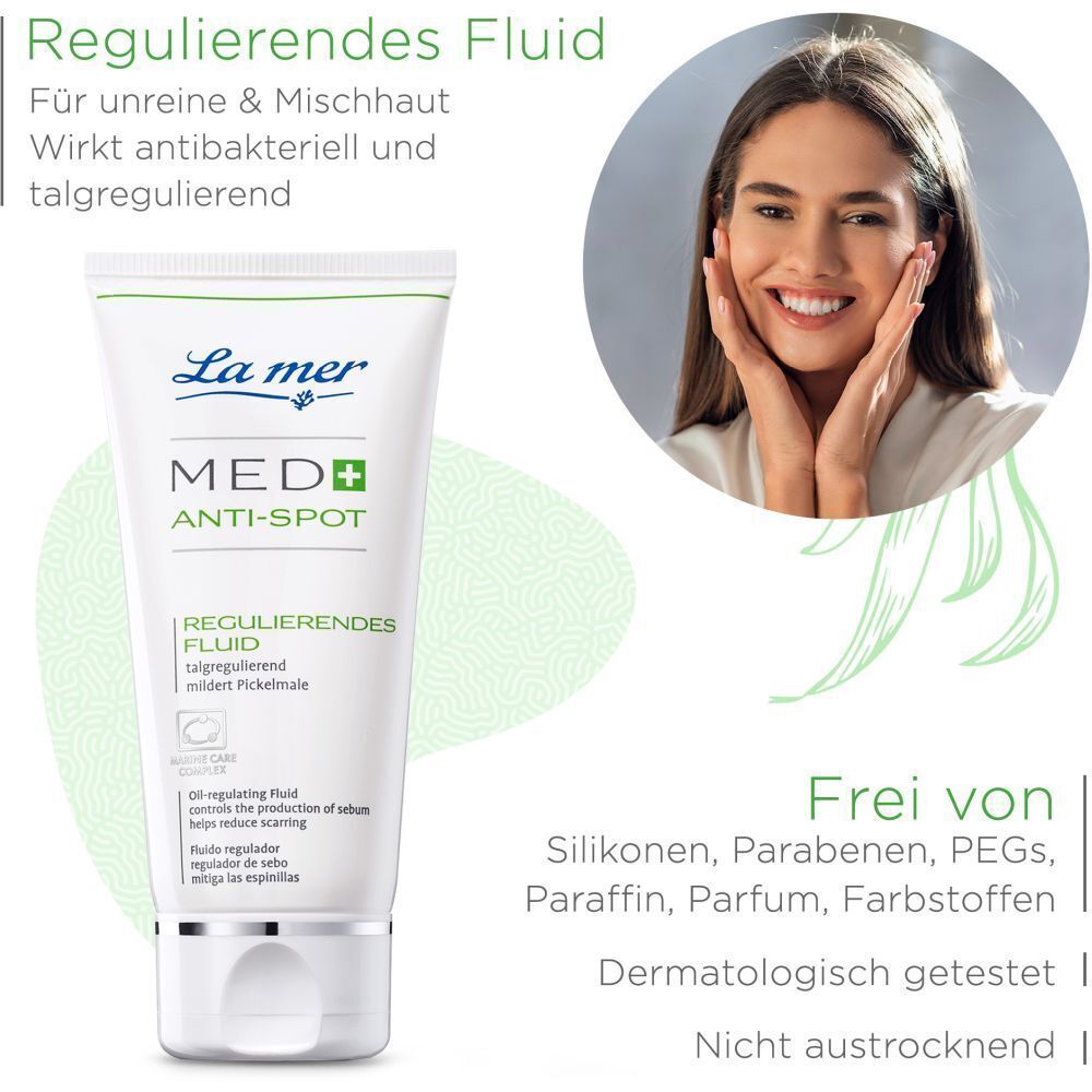 La mer MED+ Anti-Spot Fluid. Tube neben lächelnder Frau. Text: Wirkt antibakteriell und talgregulierend. Frei von...