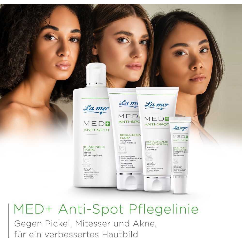 La mer MED+ Anti-Spot Pflegelinie. Produkte aufgereiht. Text: Gegen Pickel, Mitesser und Akne, für ein verbessertes Hautbild.