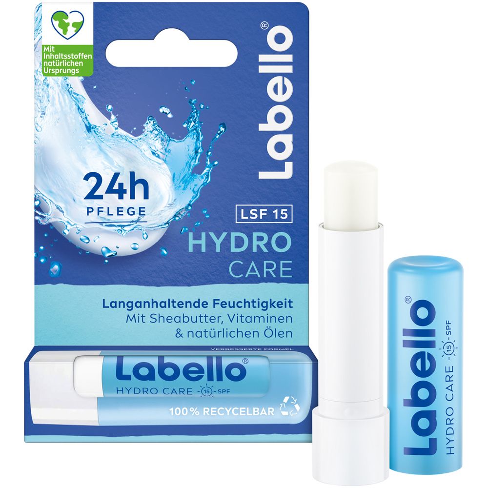 Labello Hydro Care Lippenbalsam mit LSF 15 und Verpackung. Enthält einen aufgeschraubten Lippenbalsam und eine blaue Kappe.