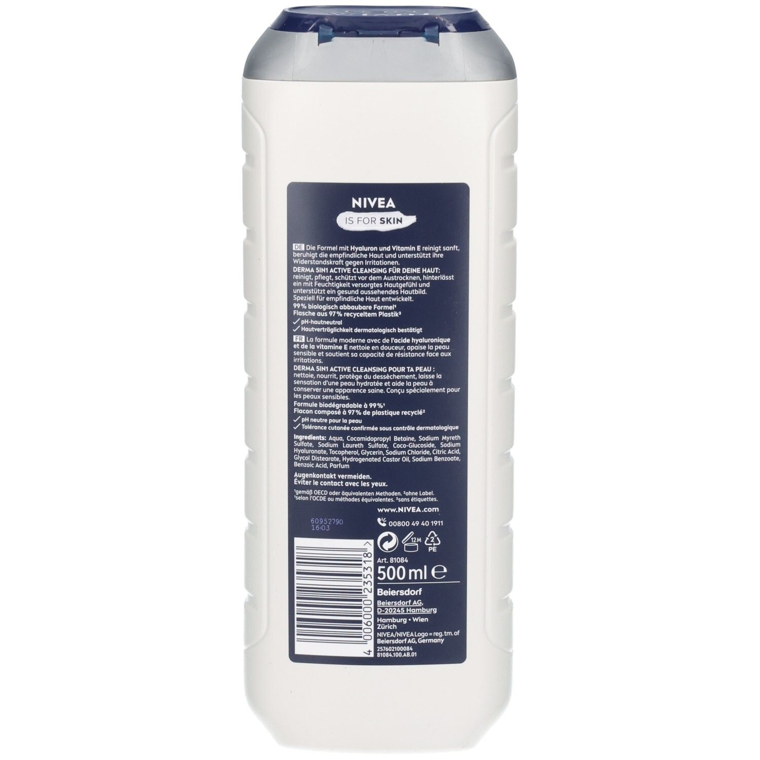 Rückseite NIVEA MEN Duschgel Sensitive 500ml. Formel mit Hyaluron und Vitamin E.