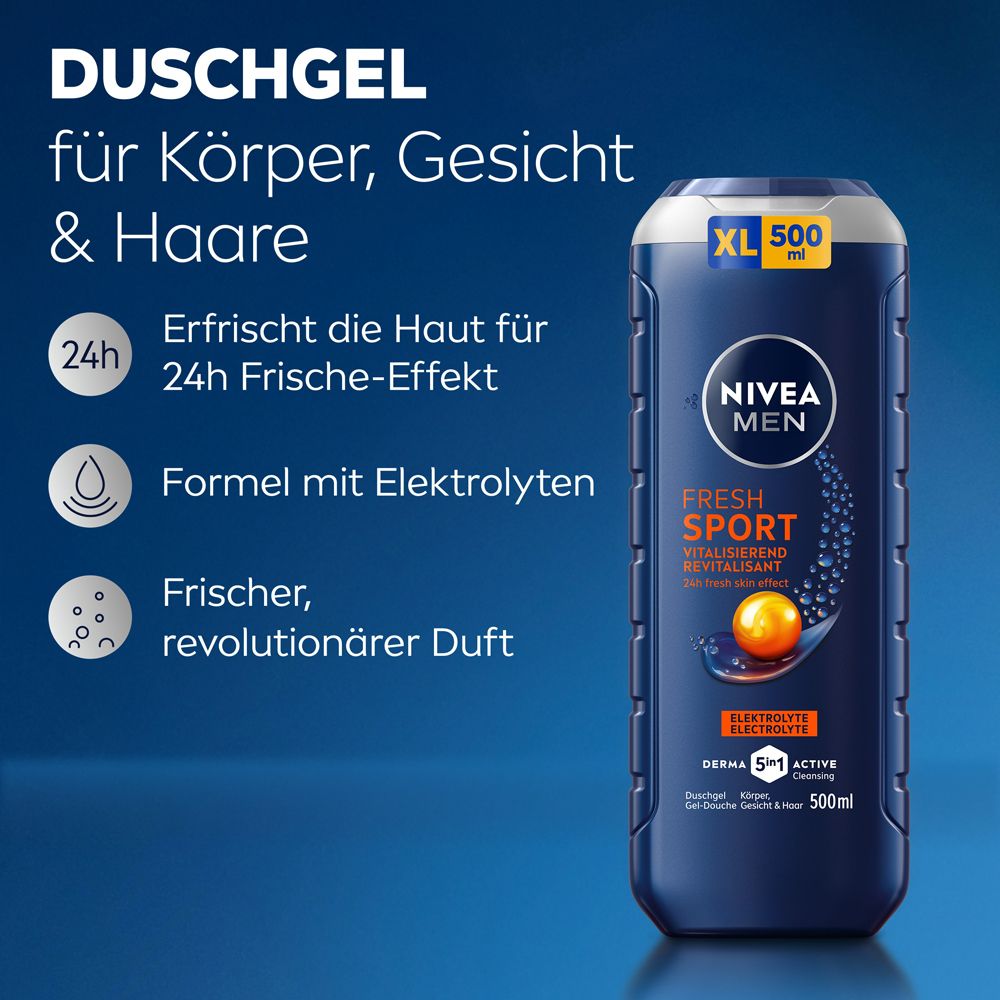 Nivea Men Fresh Sport Duschgel, 500ml Flasche mit Elektrolyten-Formel für Körper, Gesicht und Haare.