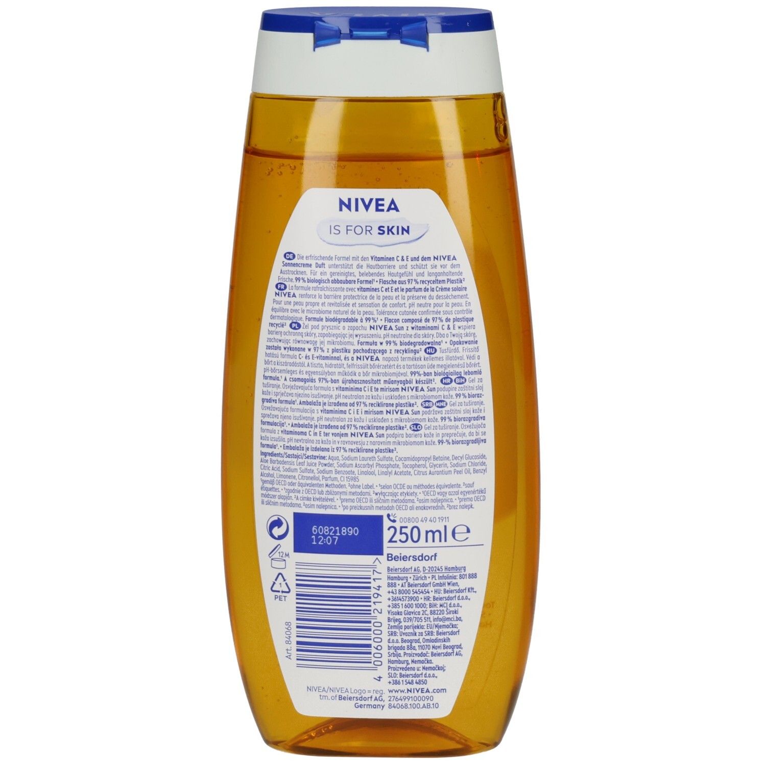 Rückseite der NIVEA Pflegedusche Summer Happiness Sonnenduft Flasche mit Produktinformationen.