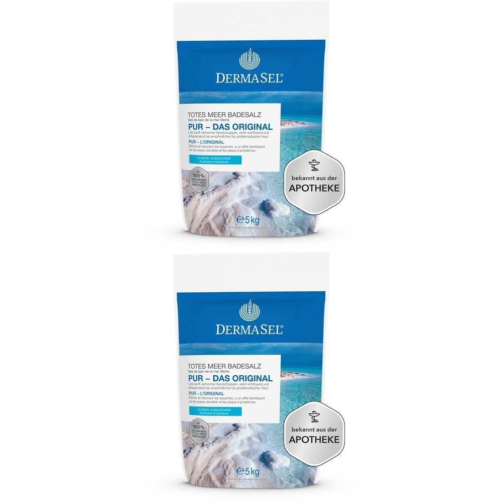 Zwei Beutel DERMASEL Totes Meer Badesalz Pur. Blaue Verpackung mit Produktnamen und Logo. Apotheken-Siegel.
