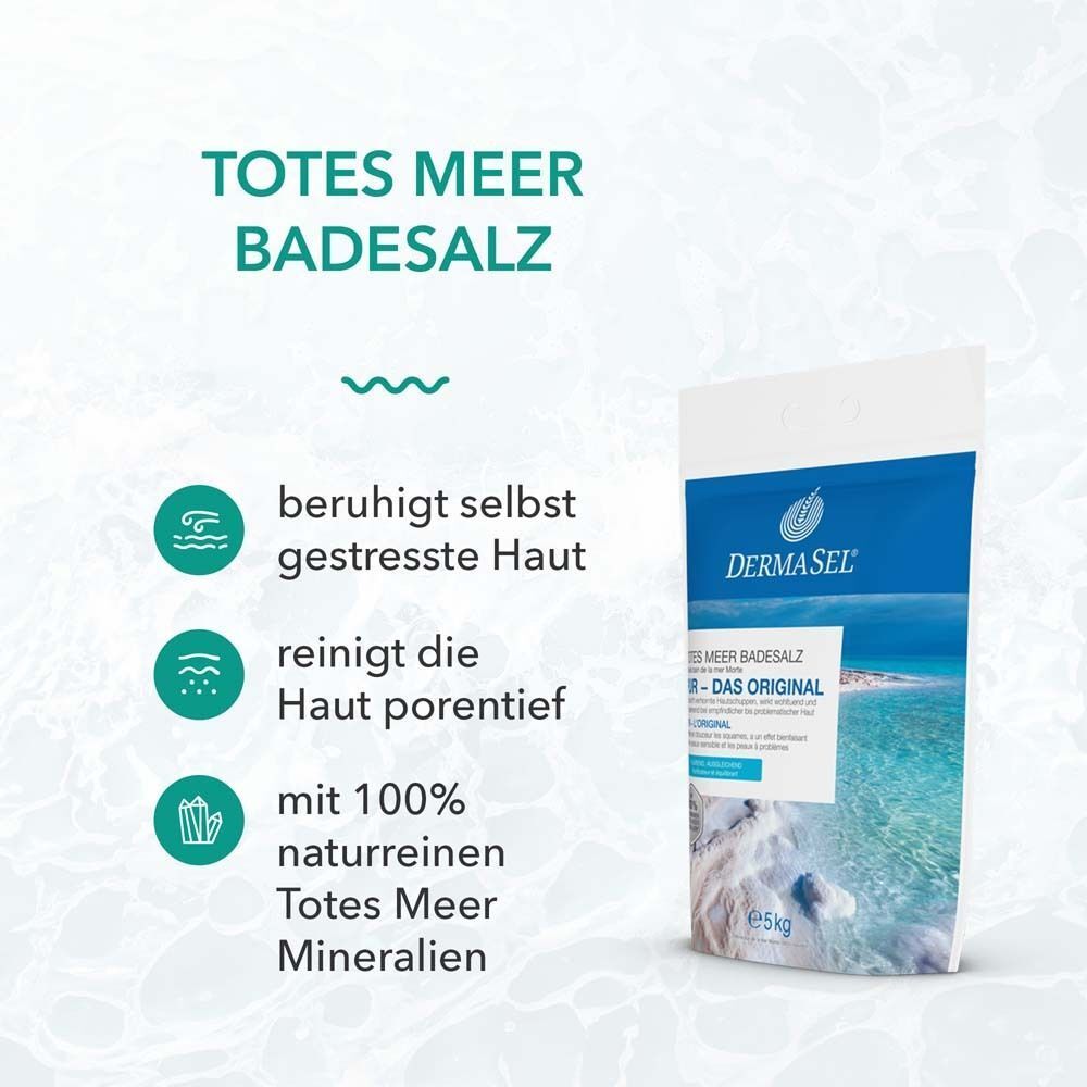 Produktbeutel DERMASEL Totes Meer Badesalz. Text: beruhigt Haut, reinigt tief, 100% naturreine Mineralien.