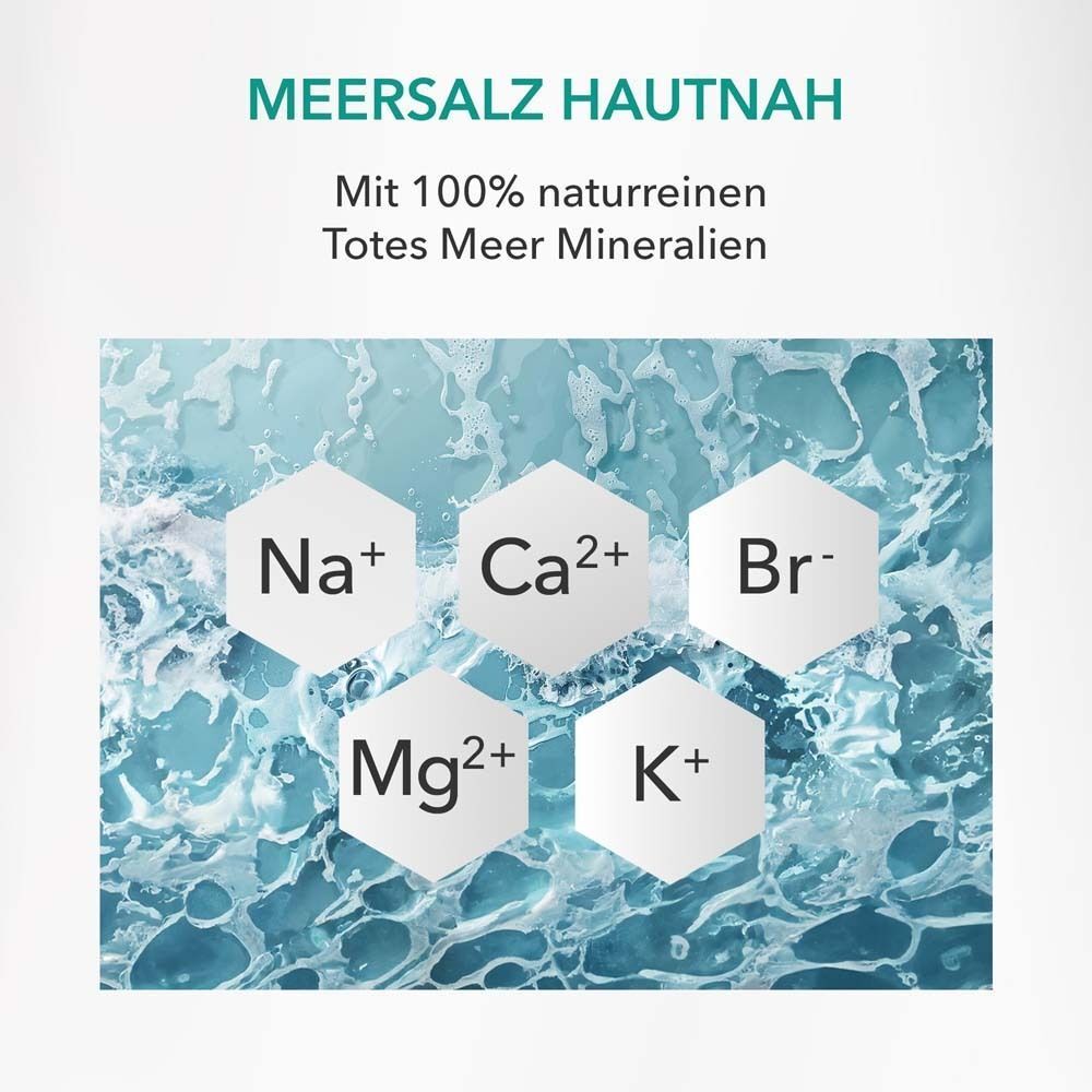 Grafik: Meeressalzelemente. Sechs hexagonale Formen mit Na+, Ca2+, Br-, Mg2+, K+ auf blauem Hintergrund.