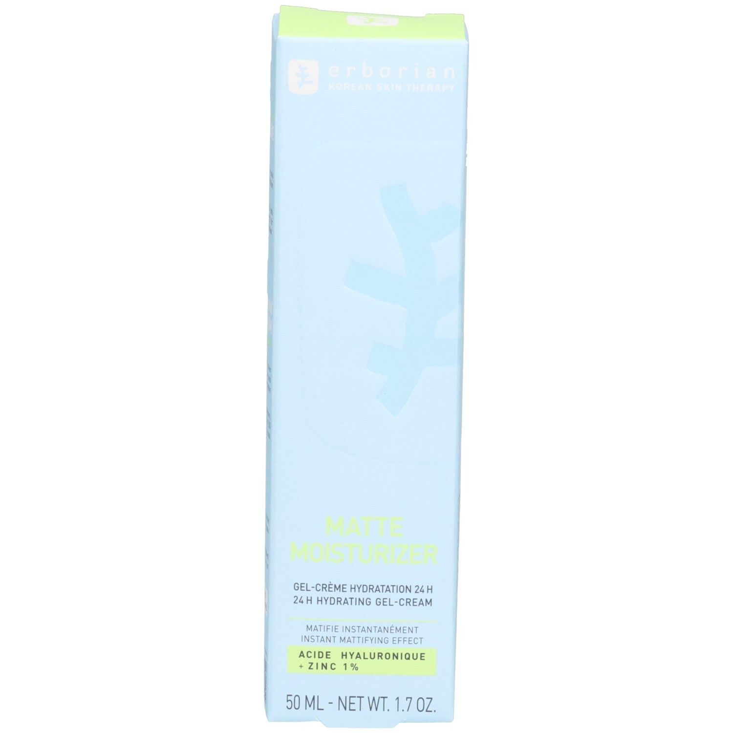 Hellblaue Kartonverpackung für Erborian Matte Moisturizer mit Text und Symbol.
