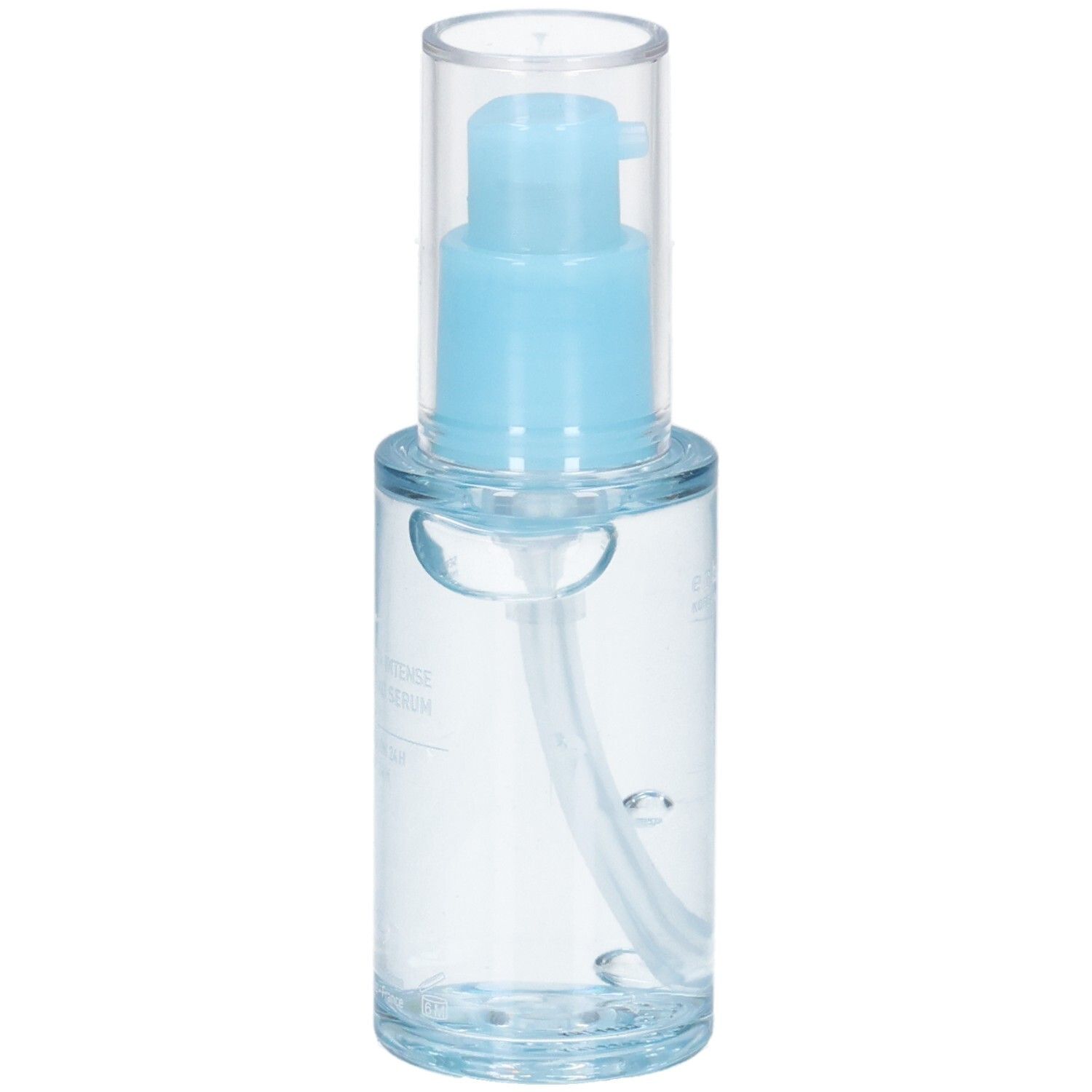 Klare Pumpflasche mit blauem Applikator und transparentem Deckel.