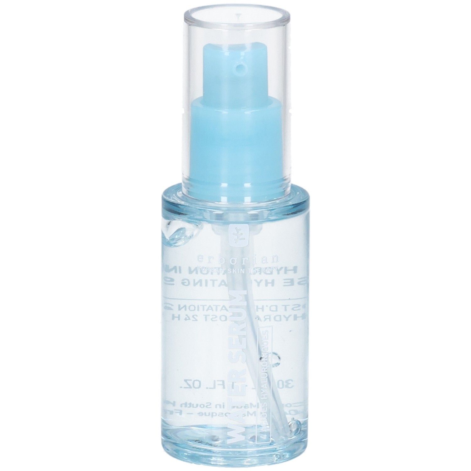 Klare Pumpflasche mit blauem Applikator, transparentem Deckel und Beschriftung.