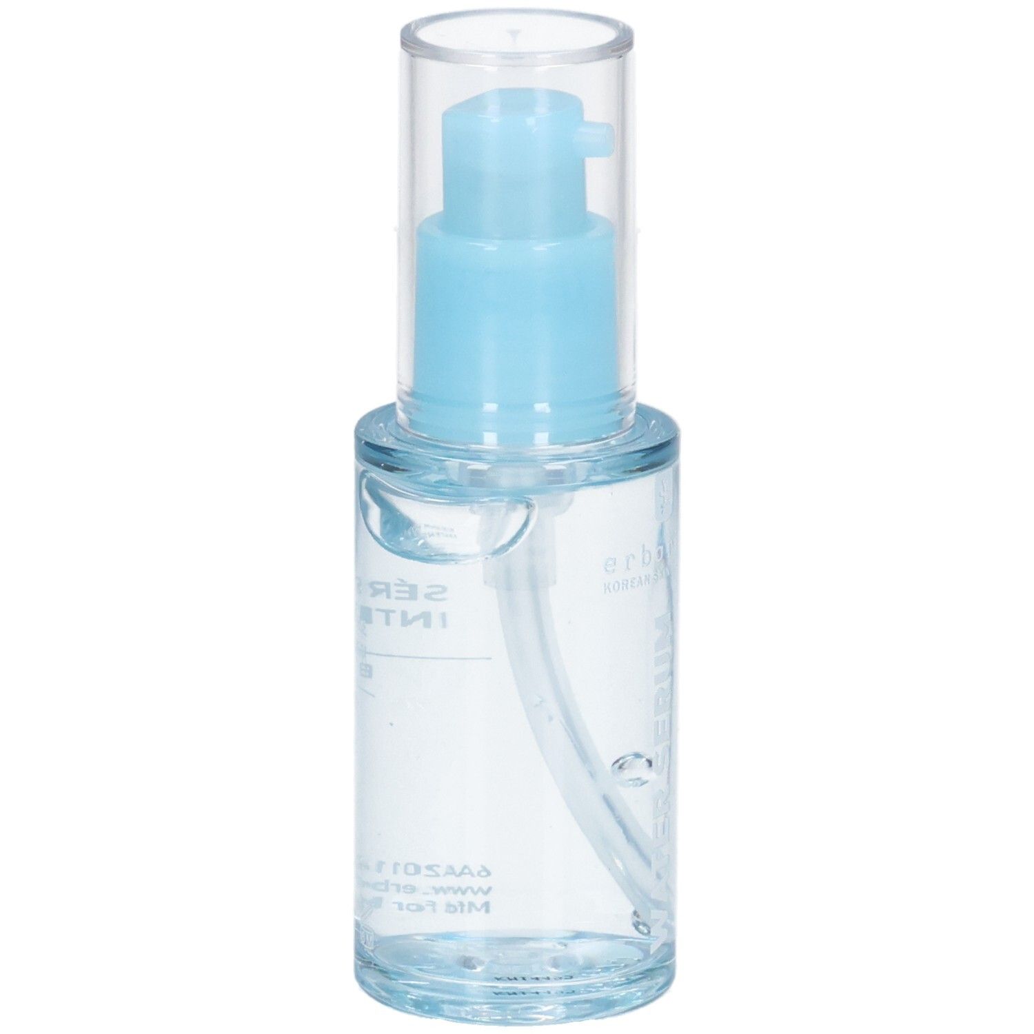 Klare Pumpflasche mit blauem Applikator und transparentem Deckel, mit sichtbarer Beschriftung.